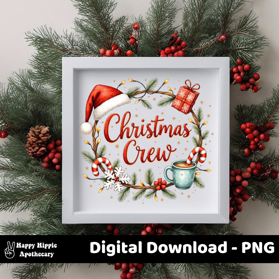 Christmas Crew digital design shown as framed wall art surrounded by pine branches and red berries, great for seasonal home decoration or gifting.