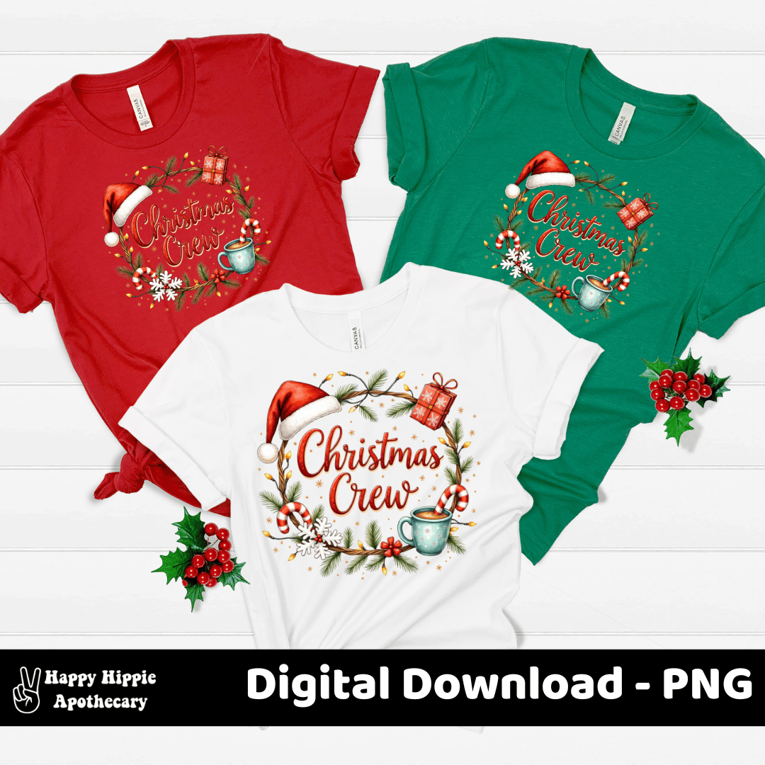 Christmas Crew PNG design shown on red, white, and green t-shirts for holiday apparel, featuring Santa hat, gift box, and hot cocoa elements.
