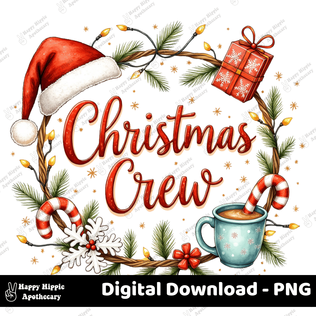 Christmas Crew PNG digital file preview with watermark, featuring Santa hat, candy canes, lights, snowflakes, cocoa mug, and festive greenery.