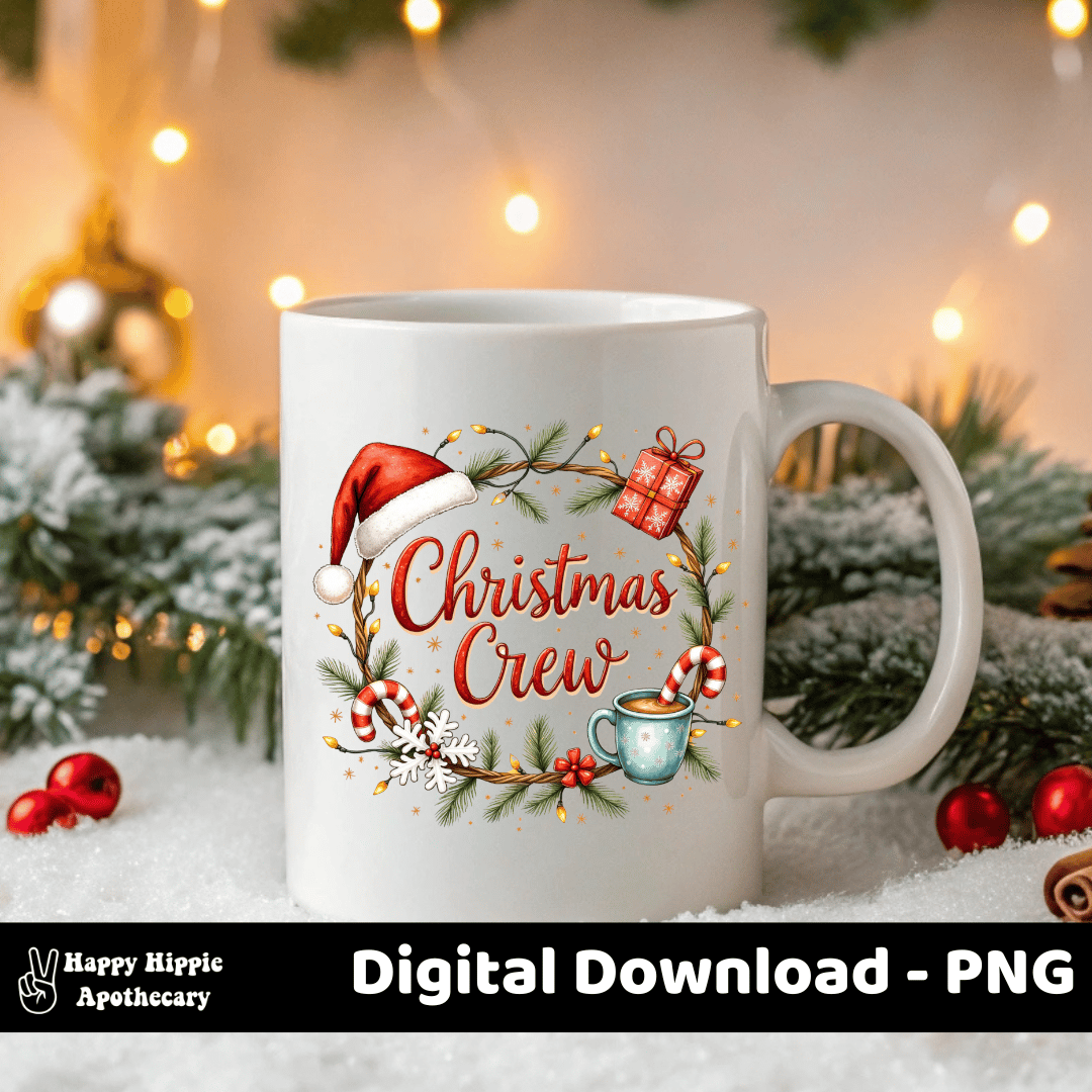 Christmas Crew PNG design printed on a white coffee mug, styled with holiday lights and snow-covered background, perfect for Christmas gifts.
