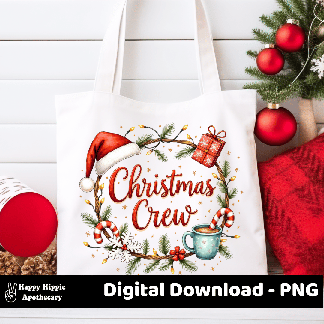 Christmas Crew PNG file displayed on a white tote bag with red ornaments and greenery, ideal for holiday gift bags or festive shopping totes.