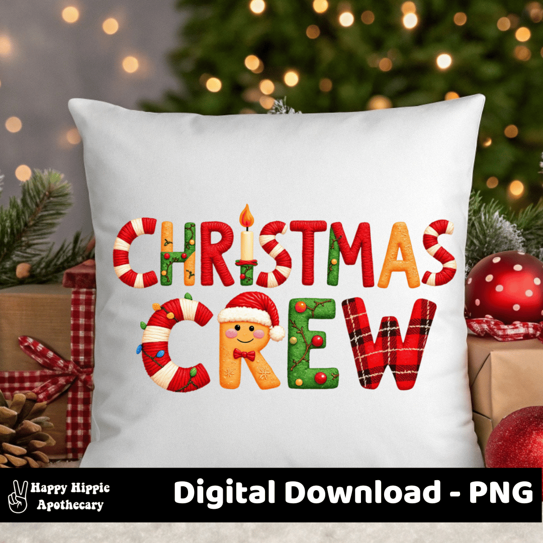 Festive Christmas Crew PNG design printed on a decorative holiday pillow, featuring candy cane letters, a gingerbread face, and plaid accents.