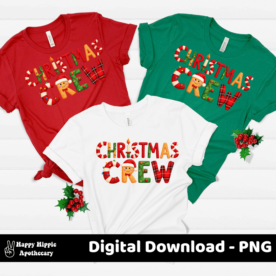Christmas Crew PNG shown on red, green, and white t-shirts with bold Christmas-themed lettering including candy canes, ornaments, and Santa details.