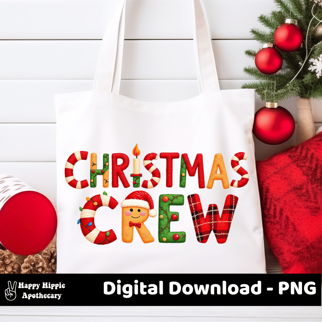 Christmas Crew PNG design displayed on a white tote bag with holiday-themed letters and a gingerbread face, styled with Christmas ornaments and decor.