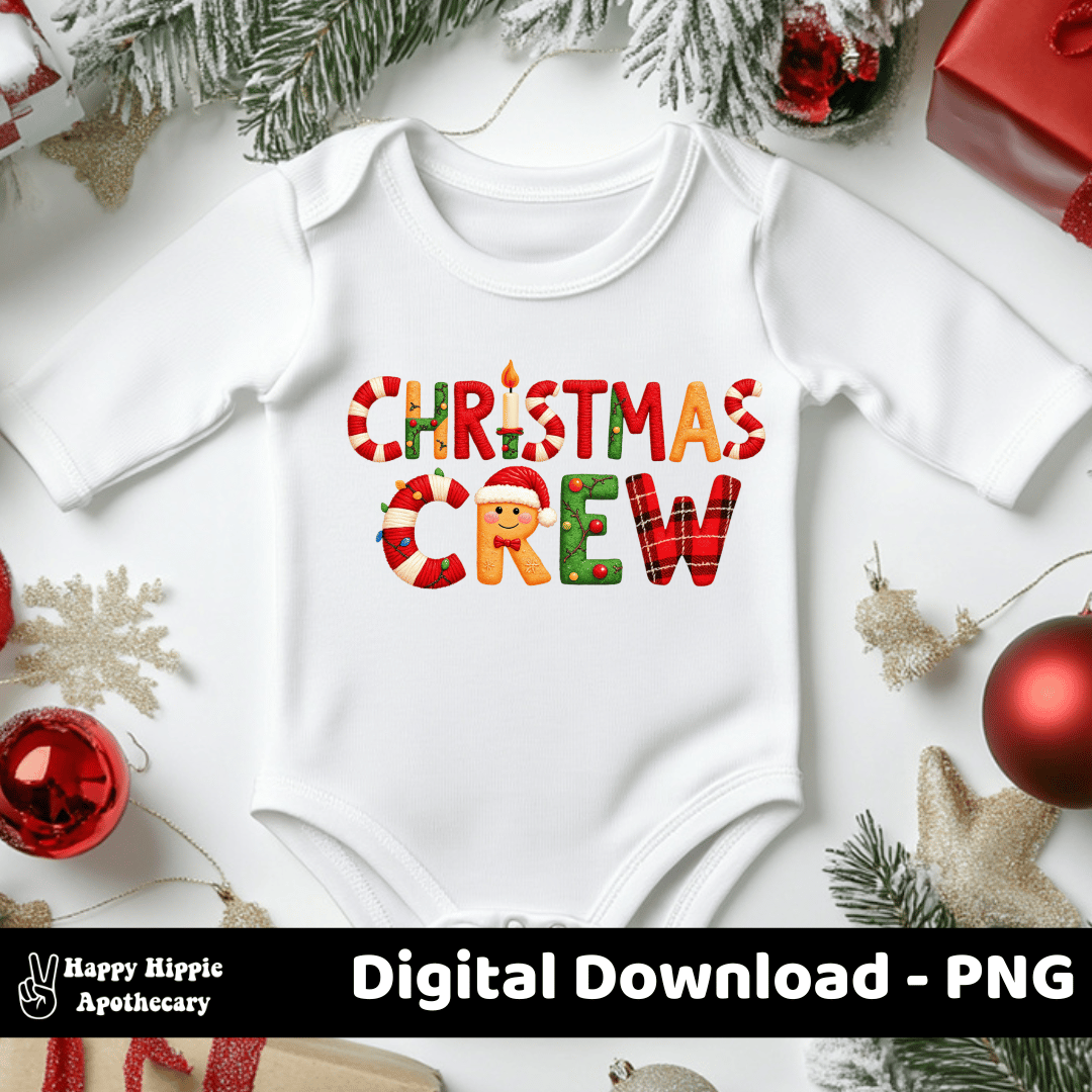 Christmas Crew PNG design on a white infant bodysuit surrounded by holiday decorations, featuring cute and colorful Christmas-themed lettering.
