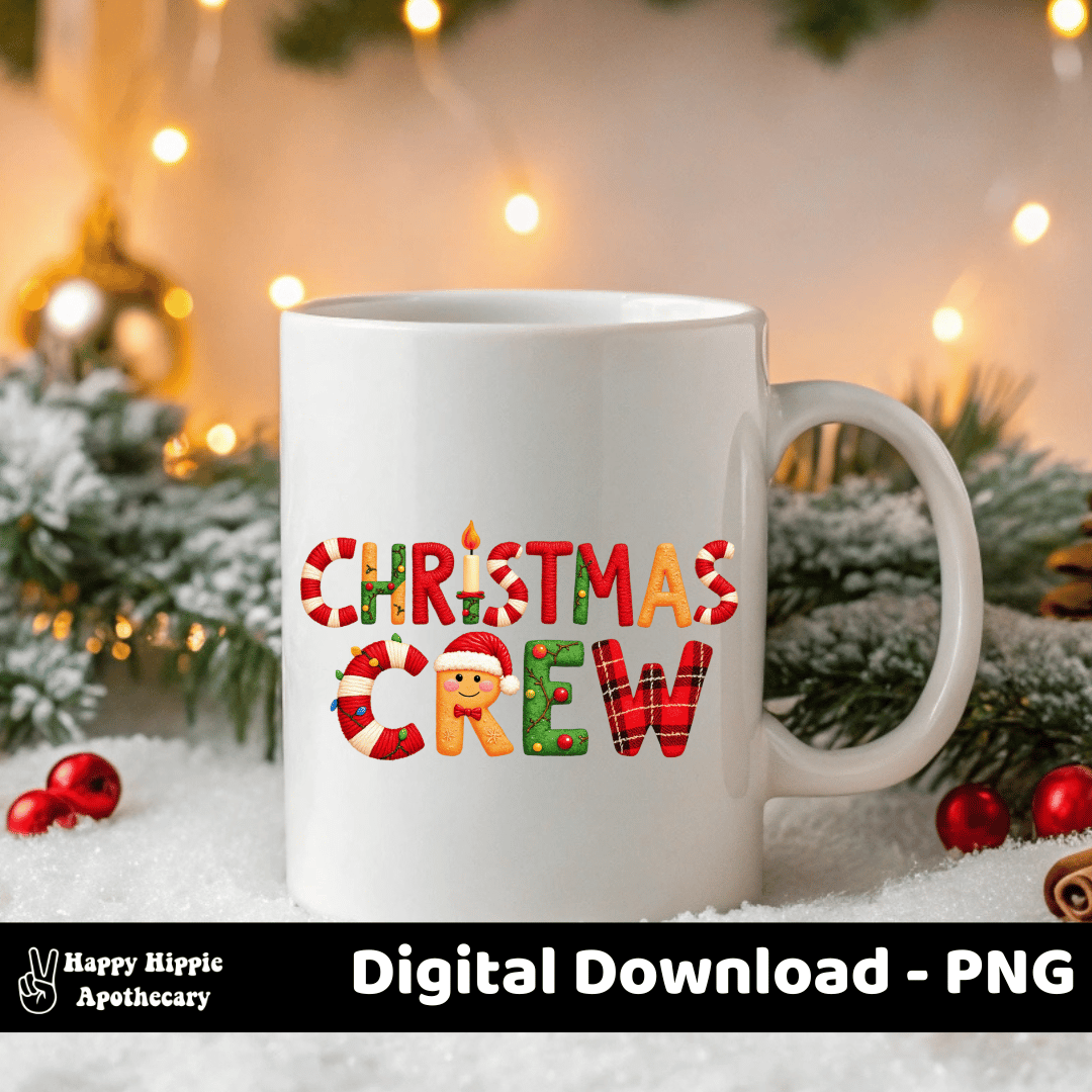 Christmas Crew PNG design on a white coffee mug surrounded by lights and ornaments, with a cozy holiday background and colorful Christmas typography.