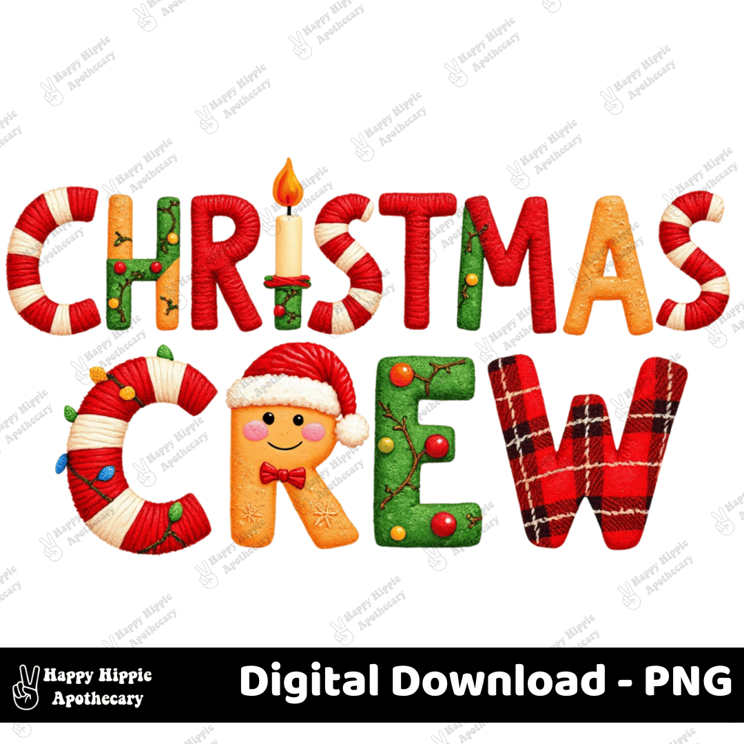 Flat lay preview of the Christmas Crew PNG design with watermark, showing bold colorful letters with Christmas textures and a smiling gingerbread character.