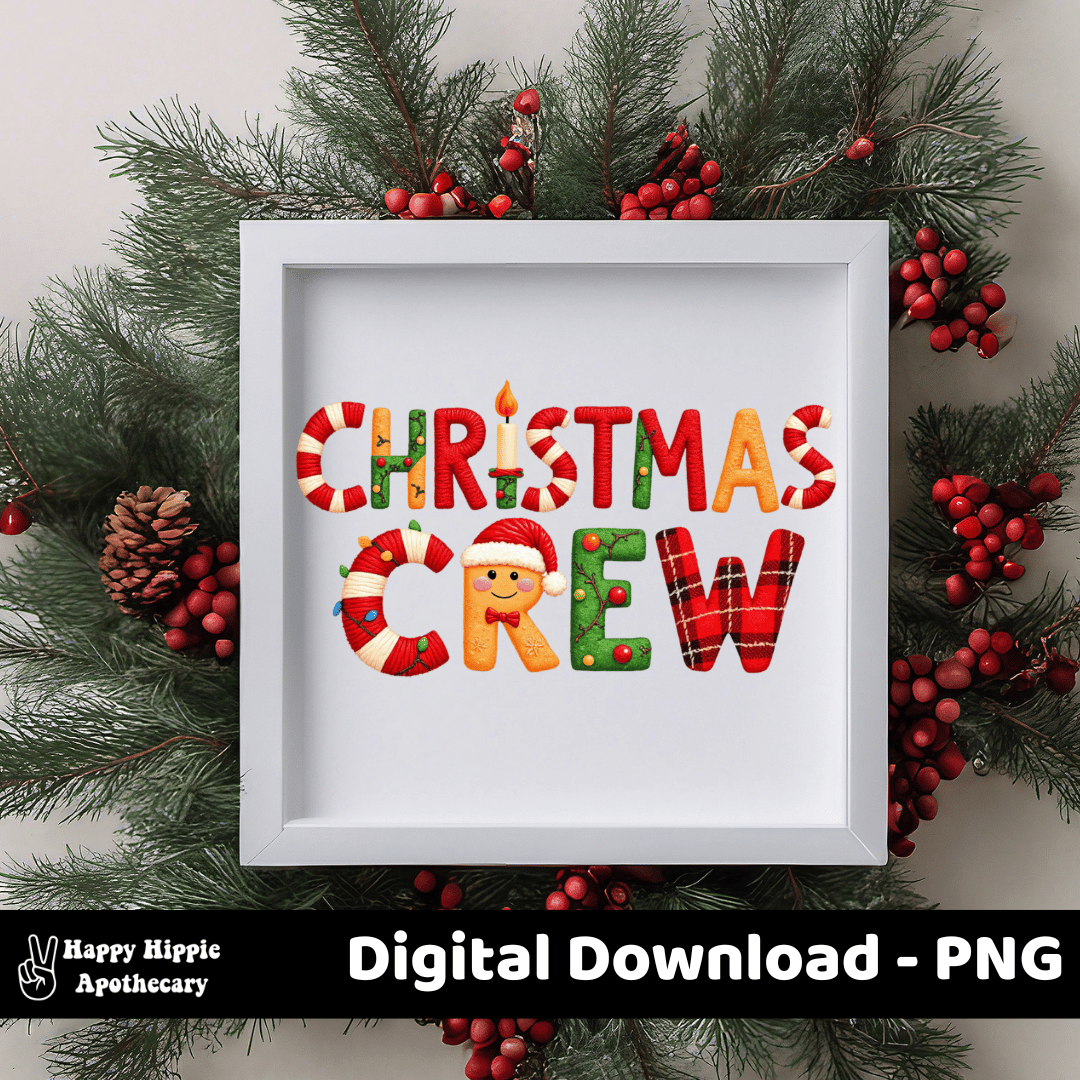 Framed Christmas Crew digital print with playful holiday font elements, set in a wreath of pine branches and red berries for festive home decor.