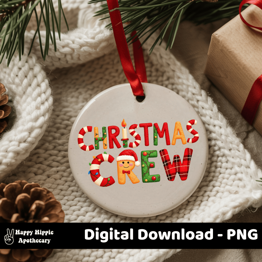 Christmas Crew PNG design printed on a round ceramic Christmas ornament, styled with ribbon and knit textures, perfect for personalized tree decor.