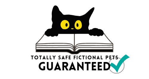A cat is peeking over an open book and it says "Totally safe fictional pets guaranteed."