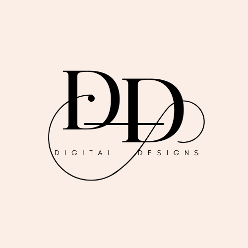 Elegant minimalist floral logo for Digital Designs, a creative online shop offering ebooks, planners, self-growth guides, and kids’ art books.