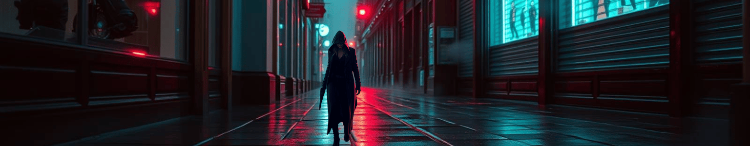 Cinematic sci-fi thriller image: a cloaked, hooded figure walking down a wet, neon-lit corridor with strong red and cyan contrast. Perfect visual for cyberpunk noir, dark mystery novels, or space odyssey themes.