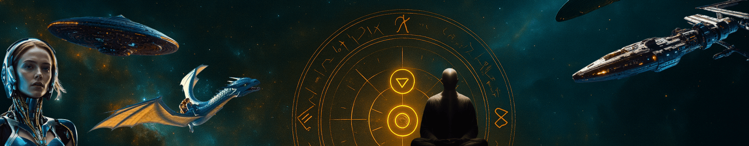 Bestselling books covering sci-fi fiction, space odyssey adventures, and witch and magic fantasy novels. Features a cyborg woman, a dragon, spaceships, and a spiritual symbol, also relevant for self-help and self-affirmation genres.