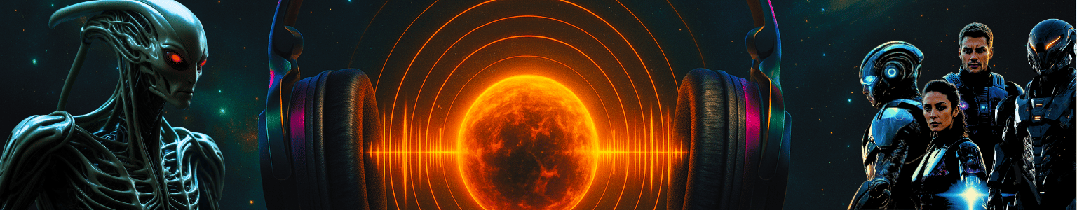 Sci-fi audio books collection: features a menacing alien creature, a team of futuristic space marines, and an intense cosmic signal. Promote your space odyssey audiobooks and thrilling interstellar adventure listens.