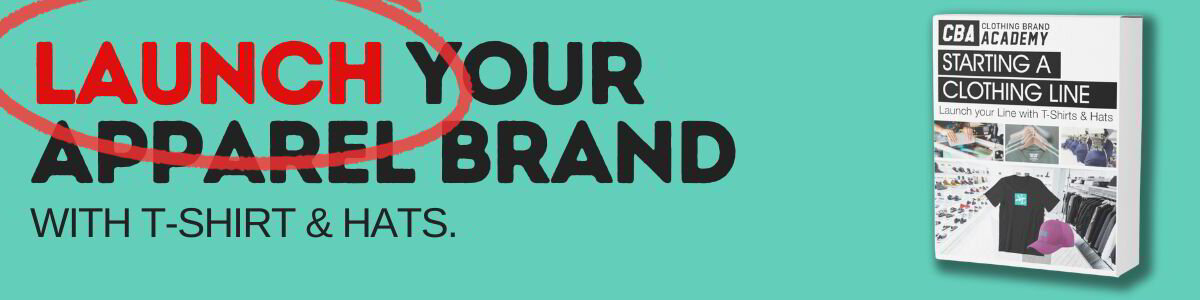 Alt text: "Turquoise banner promoting apparel branding course with bold red text 'Launch' circled. Book cover on right, depicting clothing store interior."