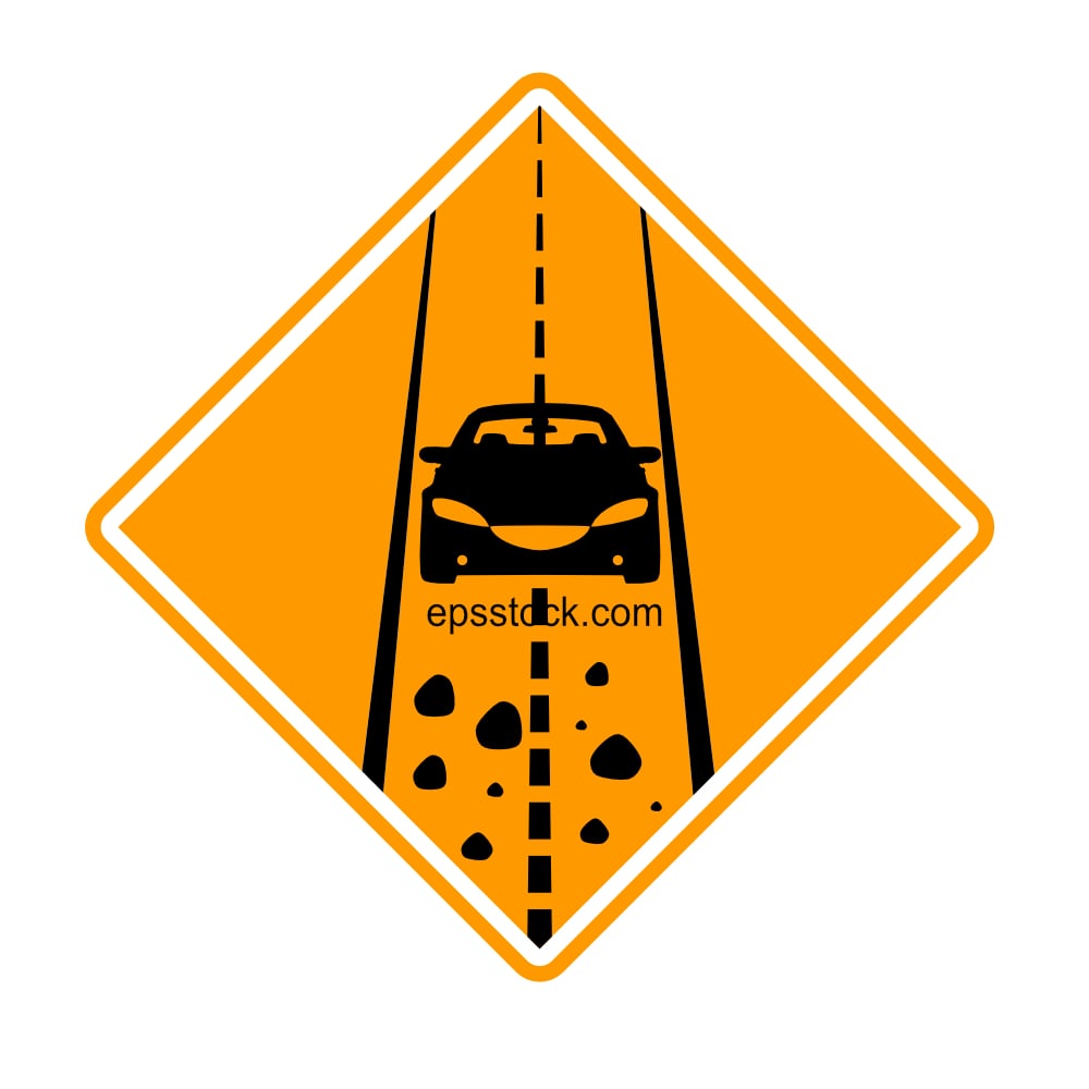 warning sign, stones on the road