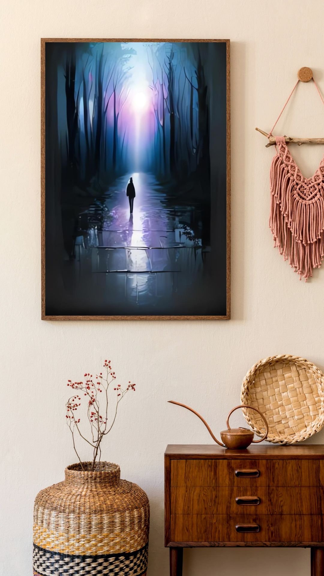 A figure walks alone on an illuminated path in a dark forest. In the background, a misty blue and purple light shines through the trees and reflects off the wet ground, creating a mysterious and dreamlike atmosphere.