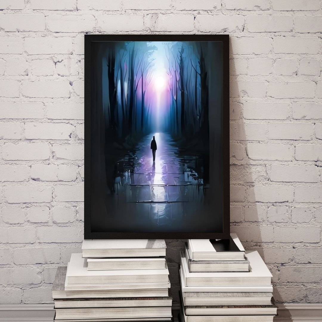 A figure walks alone on an illuminated path in a dark forest. In the background, a misty blue and purple light shines through the trees and reflects off the wet ground, creating a mysterious and dreamlike atmosphere.