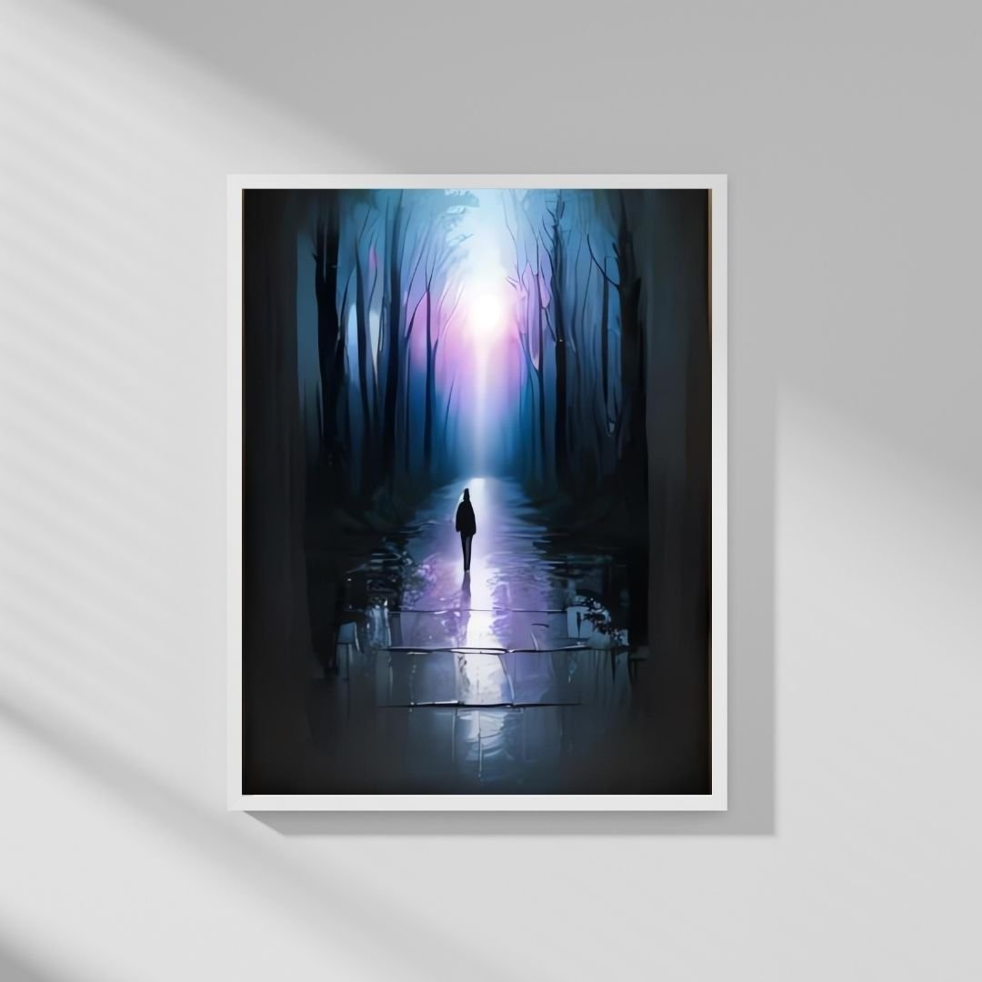 A figure walks alone on an illuminated path in a dark forest. In the background, a misty blue and purple light shines through the trees and reflects off the wet ground, creating a mysterious and dreamlike atmosphere.