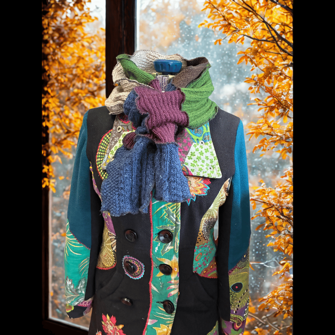 Upcycled scrappy scarf in plum and midnight blue, handmade from rescued sweaters with cozy cottagecore vibes by What in Narnation.
