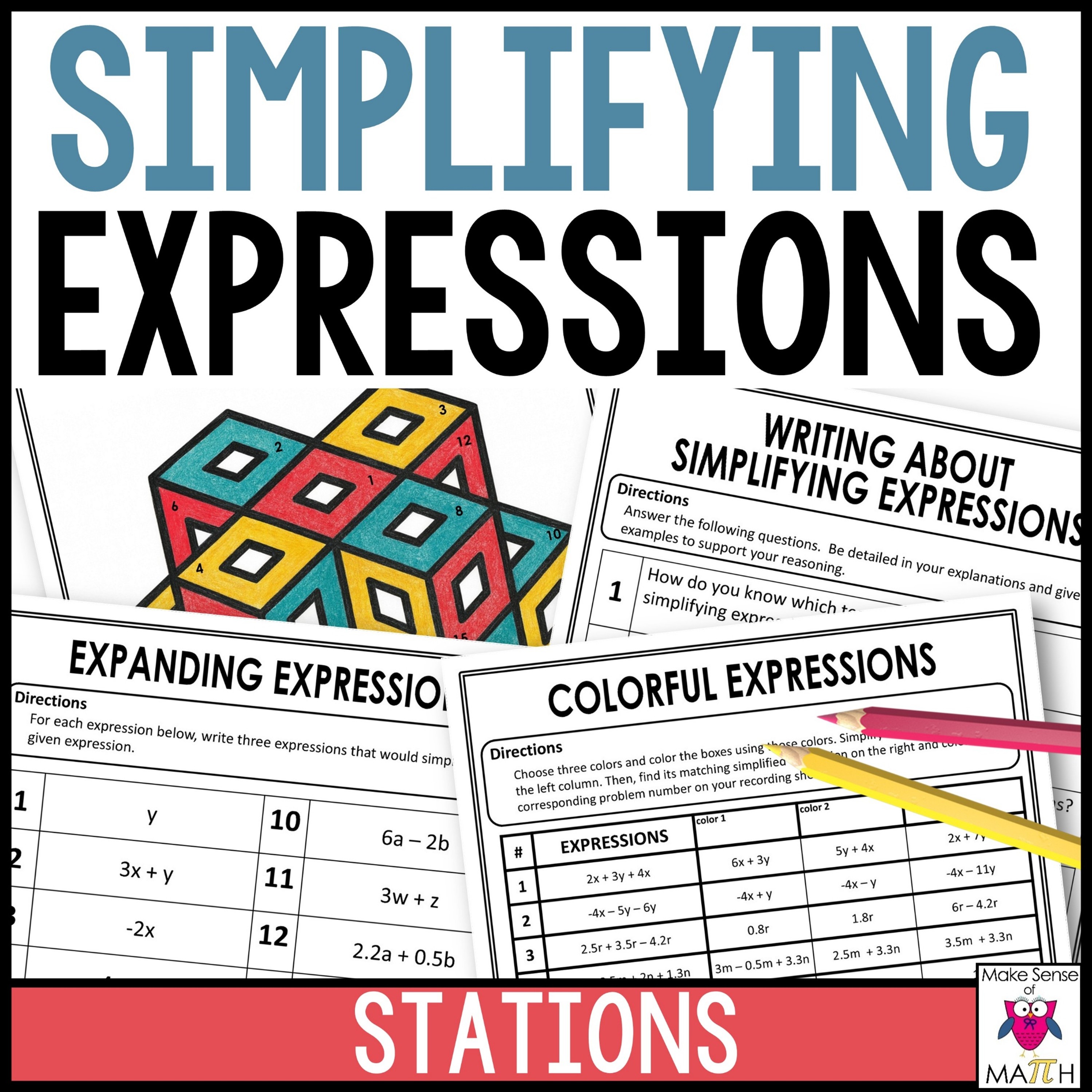 Simplifying Expressions Combining Like Terms 7th Grade Math Stations