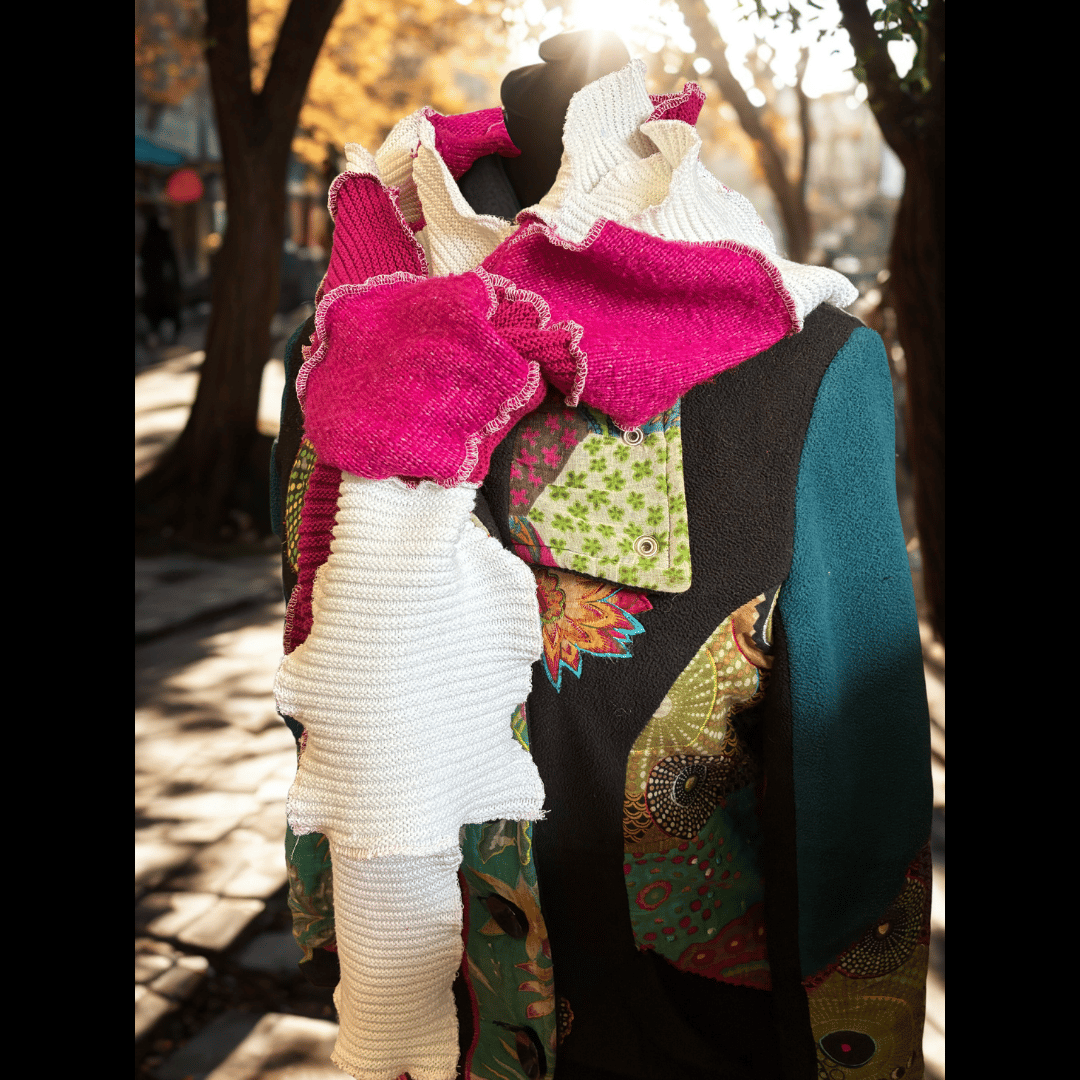 Upcycled scrappy scarf in deep raspberry with bright white accents, handmade from rescued sweaters for a bold, cheerful look by What in Narnation.