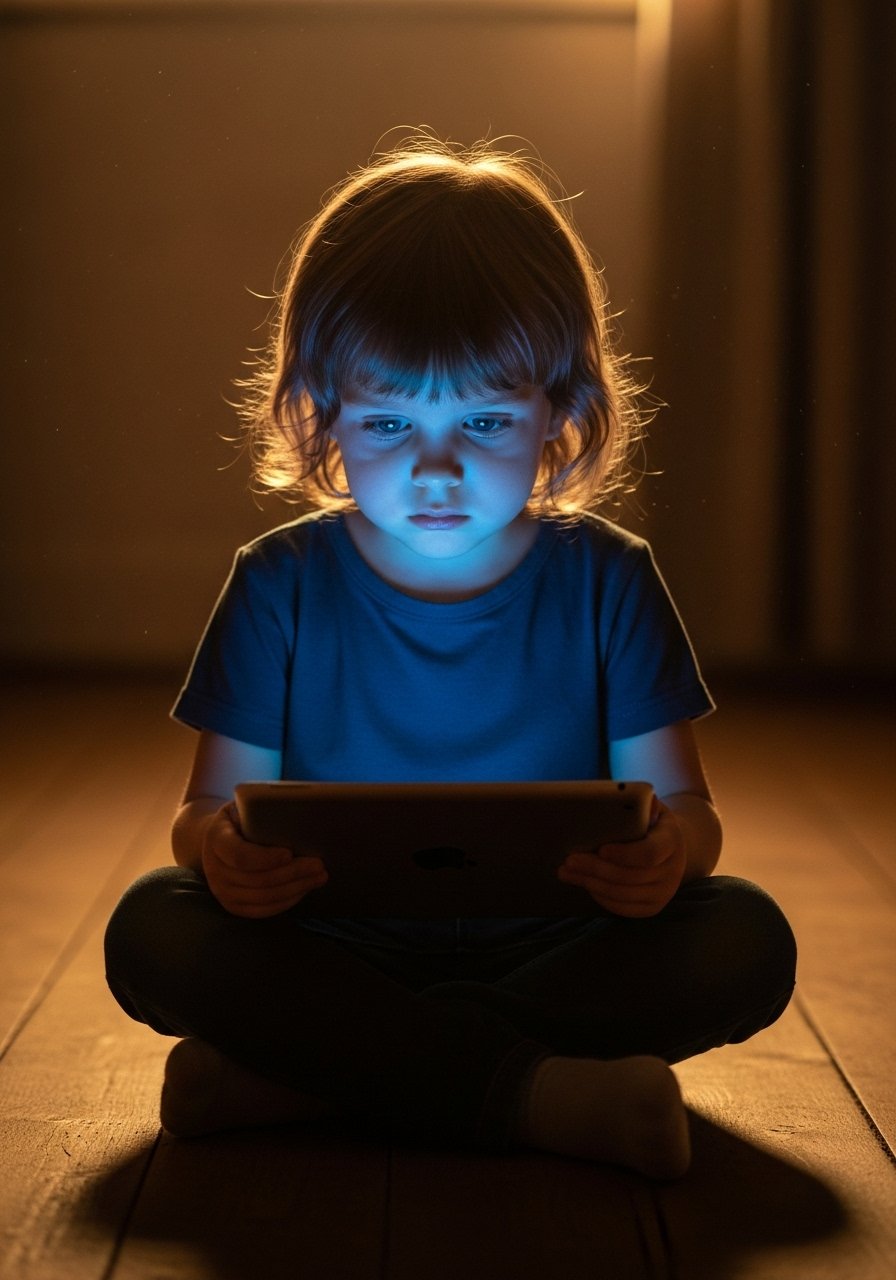 Criança pequena sentada sozinha em um ambiente escuro, com o rosto iluminado pela luz azul de um tablet, simbolizando o impacto do excesso de telas no desenvolvimento infantil.