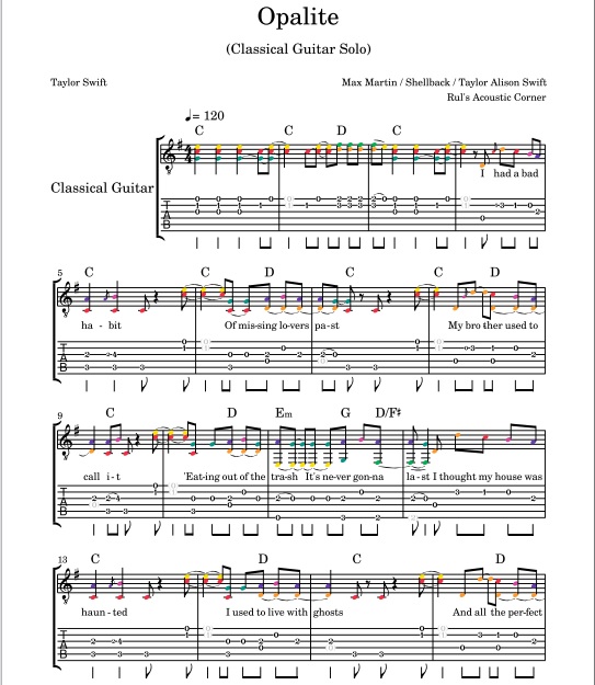 Taylor Swift - Opalite (Classical Guitar solo Arrangement PDF + Mp3 Audio)