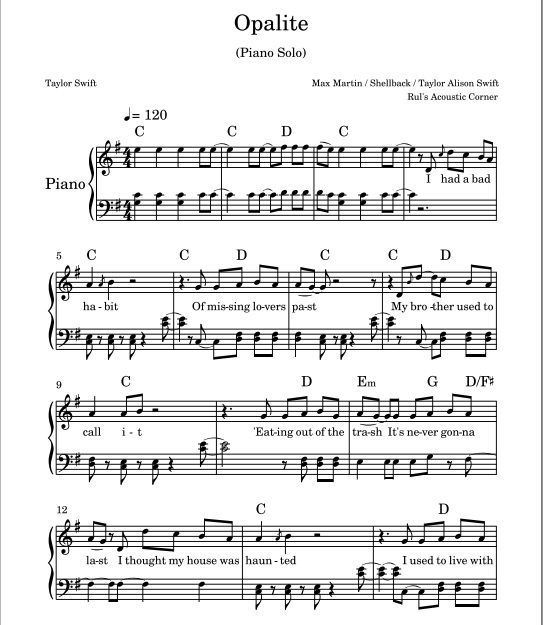 Taylor Swift - Opalite (Piano solo Arrangement PDF + Mp3)