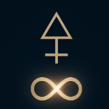 Aurex ∞ Veer symbol — a gold alchemical emblem combining balance and infinity, representing stillness, reflection, and awakening through presence.