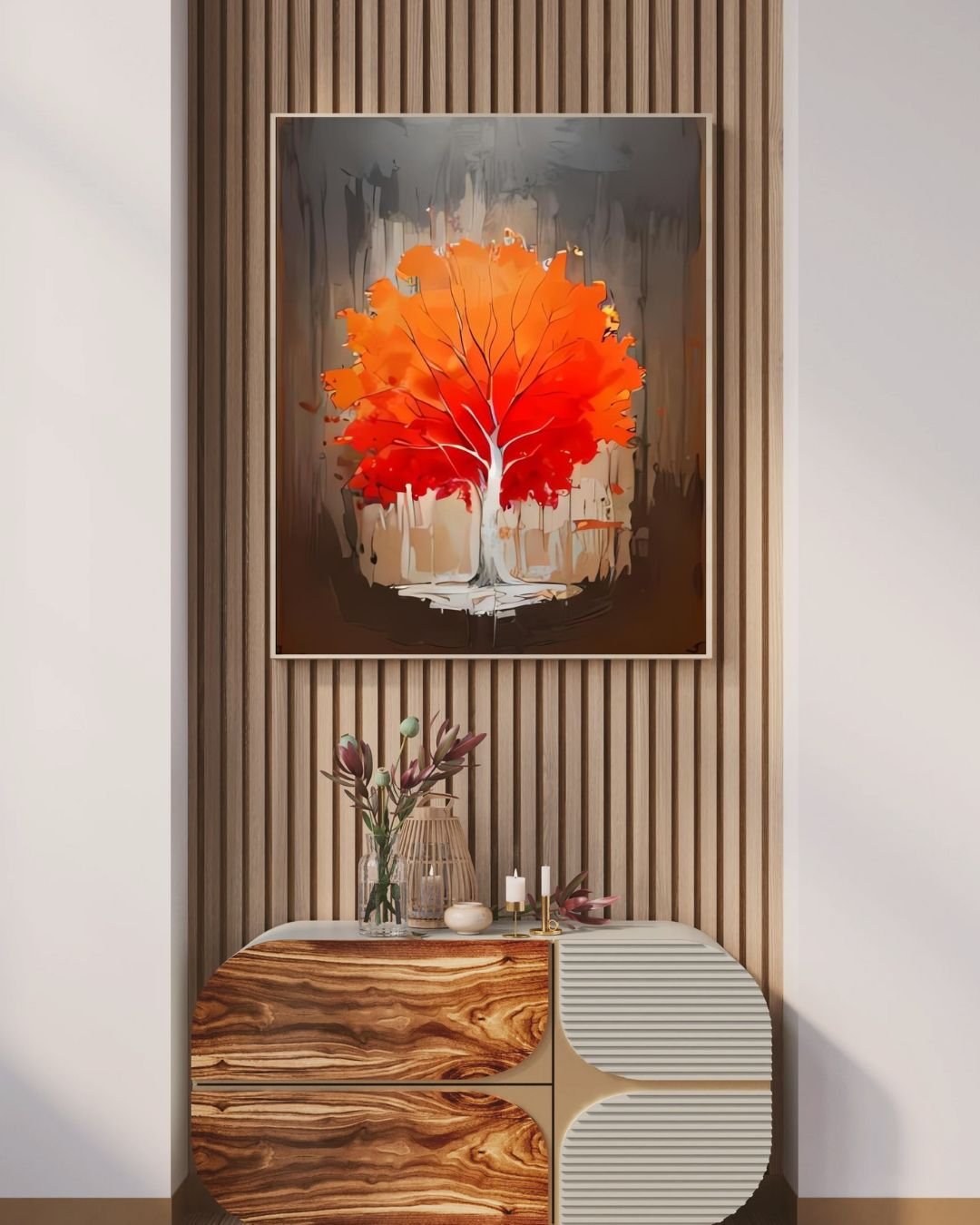 Abstract painting of a vibrant tree with red and orange leaves and a white trunk, set against a textured gray and brown background.