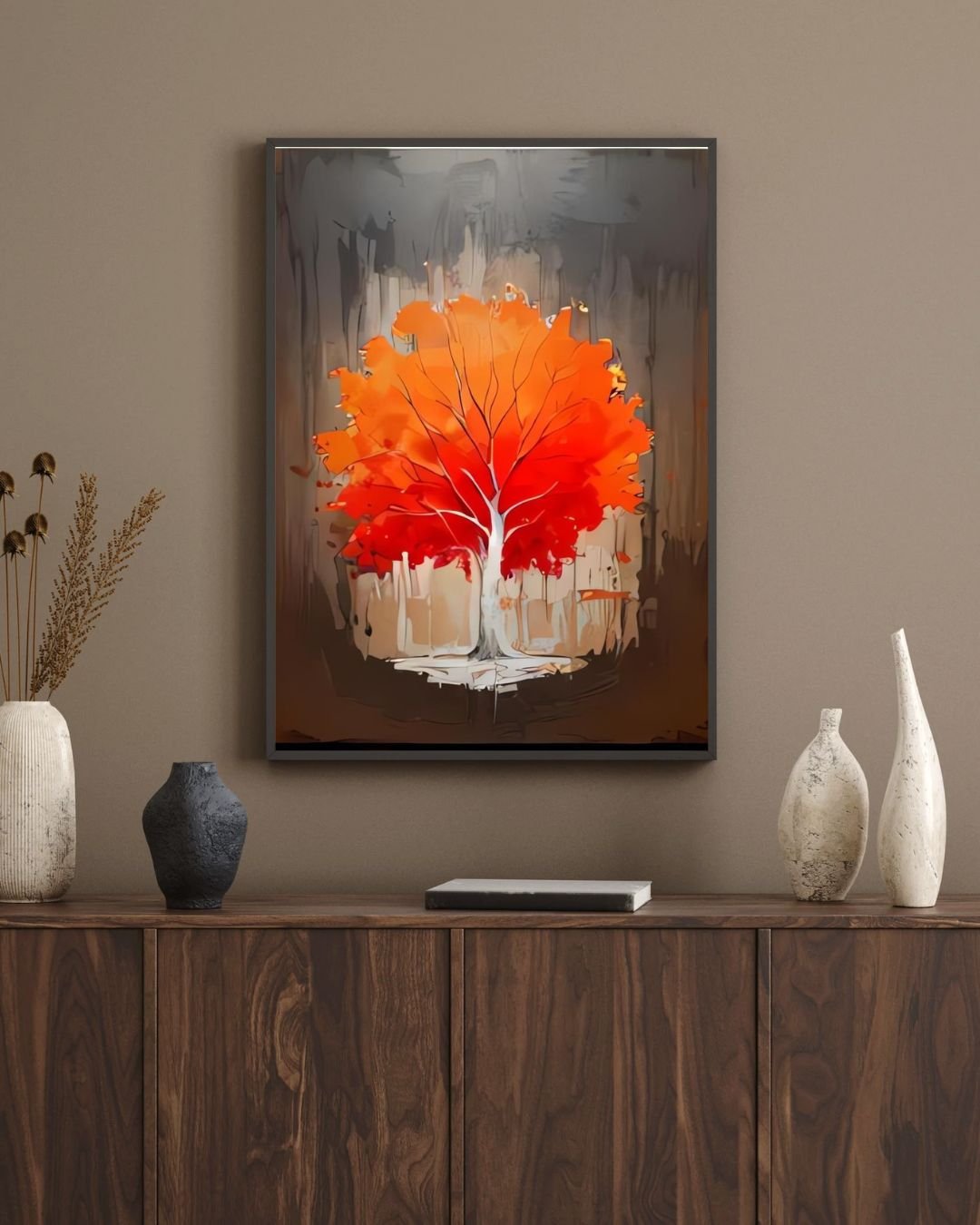 Abstract painting of a vibrant tree with red and orange leaves and a white trunk, set against a textured gray and brown background.