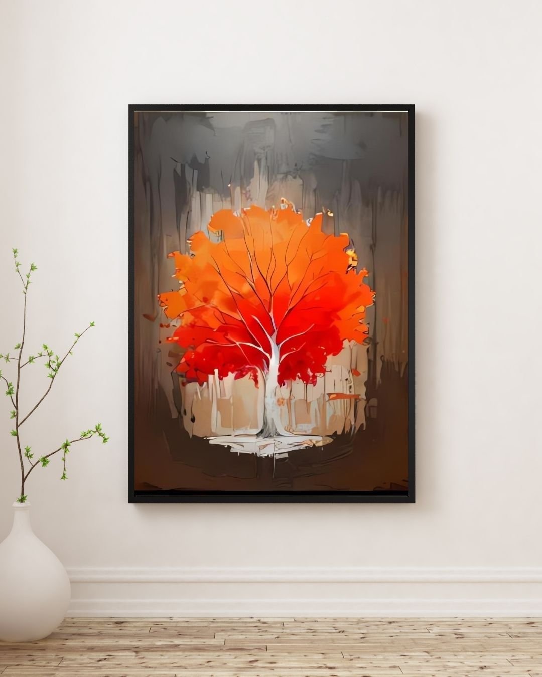 Abstract painting of a vibrant tree with red and orange leaves and a white trunk, set against a textured gray and brown background.
