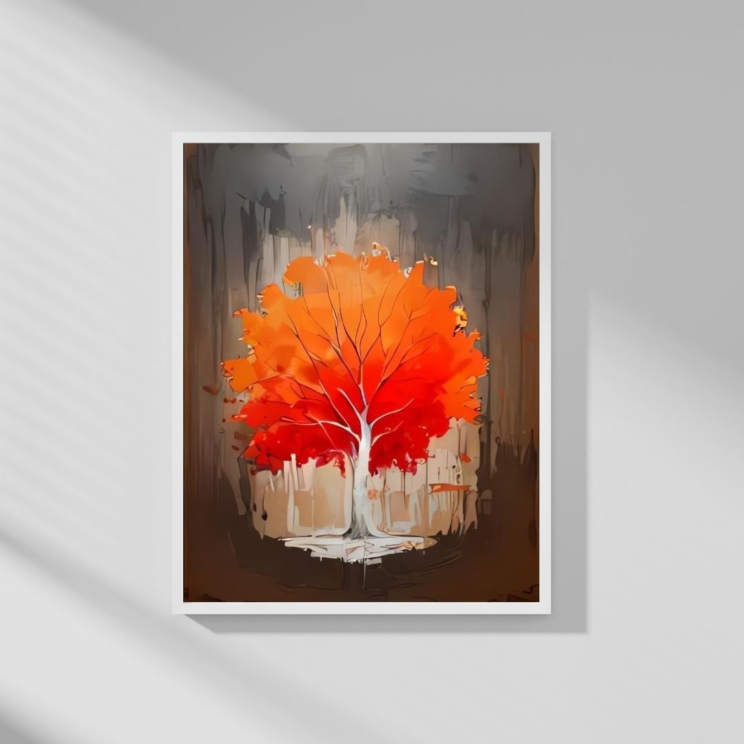 Abstract painting of a vibrant tree with red and orange leaves and a white trunk, set against a textured gray and brown background.