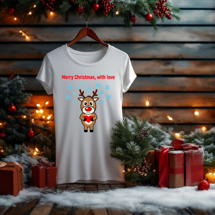 Merry Christmas Rudolph The Reindeer With Red Love Heart