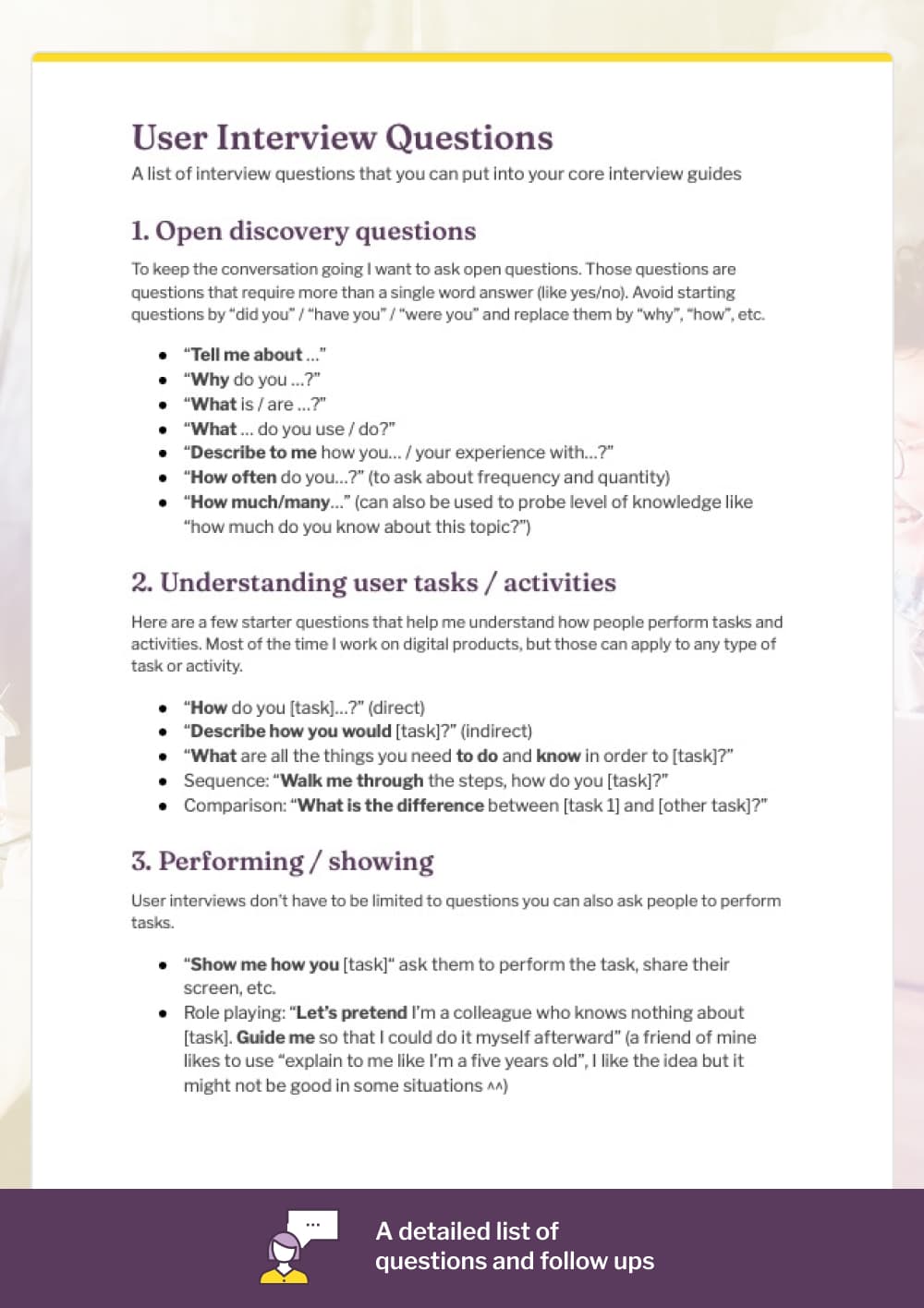 A detailed list of questions and follow ups (and a screenshot of a page from the PDF list)