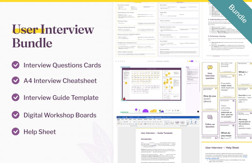User Interview Bundle: Interview Questions Cards, A4 Interview Cheatsheet, Interview Guide Template, Digital Workshop Boards, Help Sheet