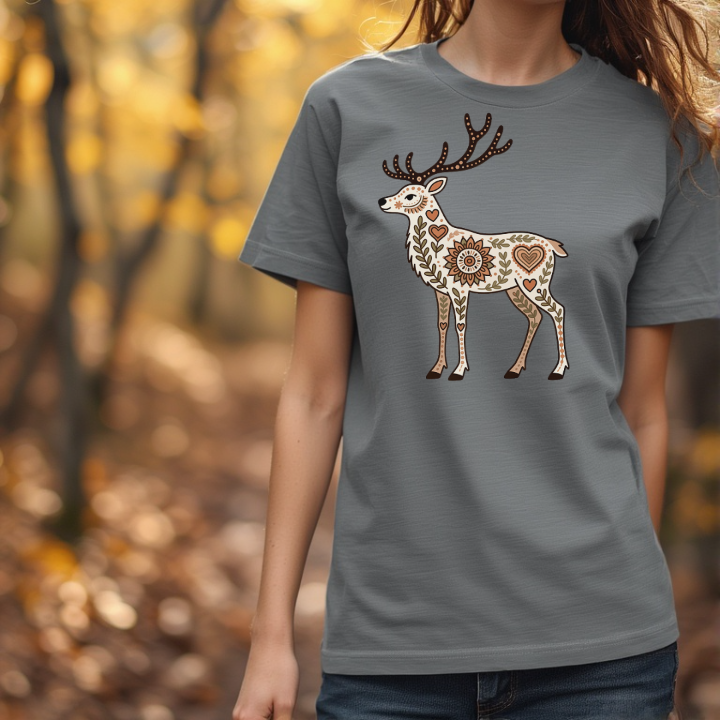 Printable T-Shirt Graphic - Boho Folk Art Reindeer Heart Design