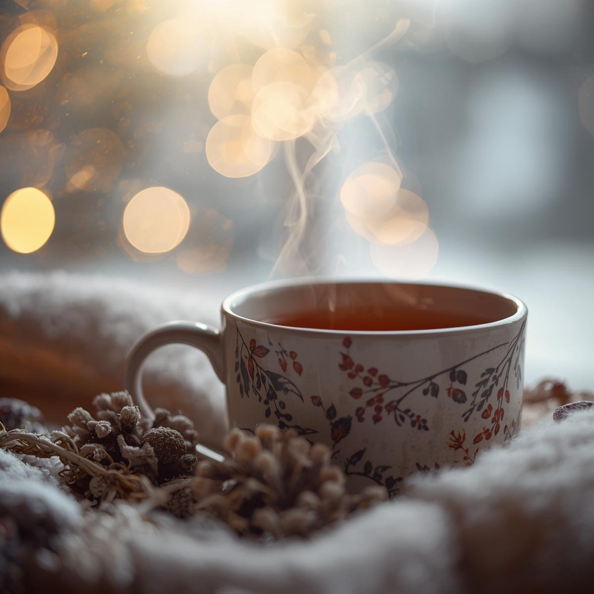 steaming cup of tea in winter surrounds