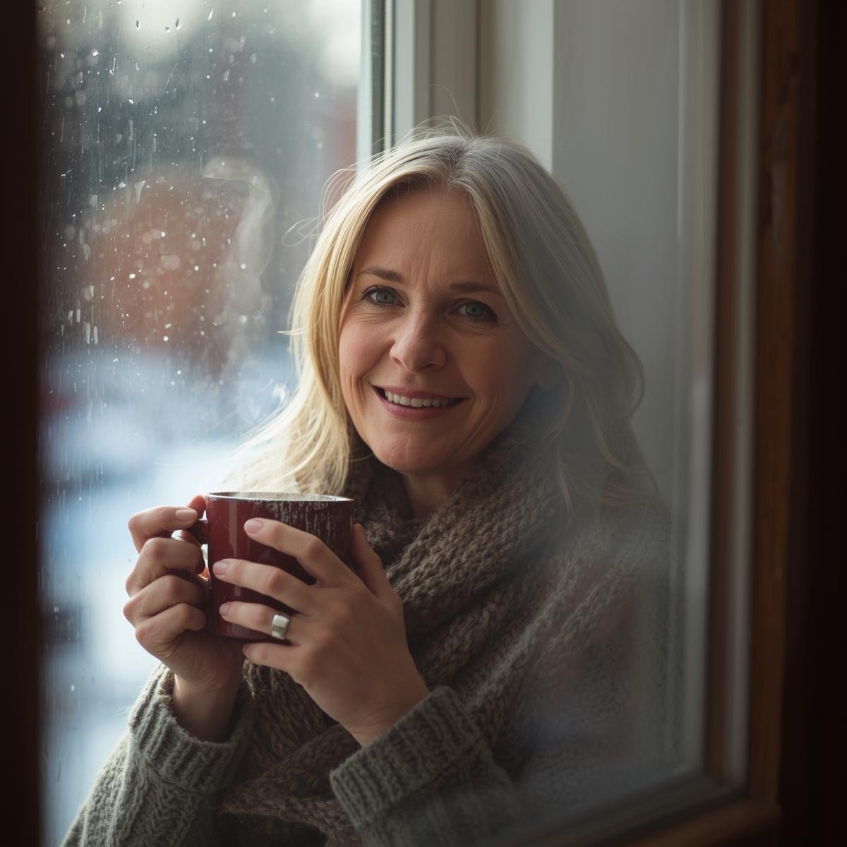 Woman in her 50's sitting by winter window smilling and holding a warm mug