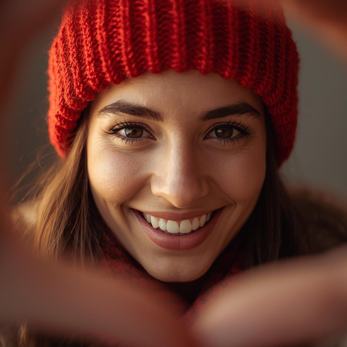 Woman in red woollen hat smilling