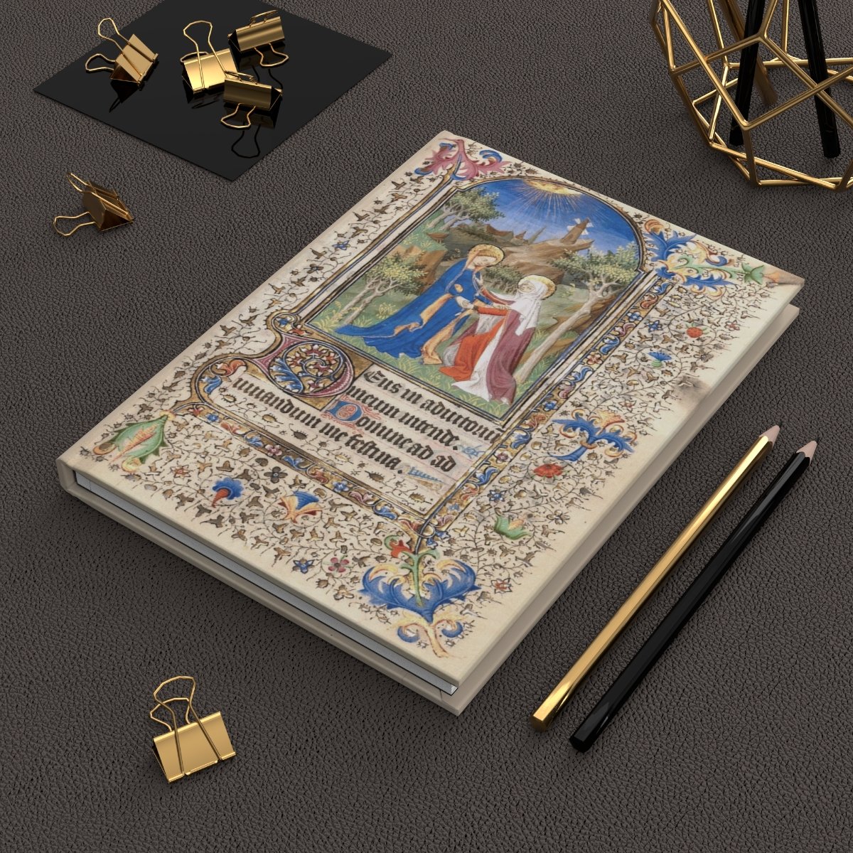 15th-century Book of Hours Visitation miniature surrounded by ornate medieval marginalia