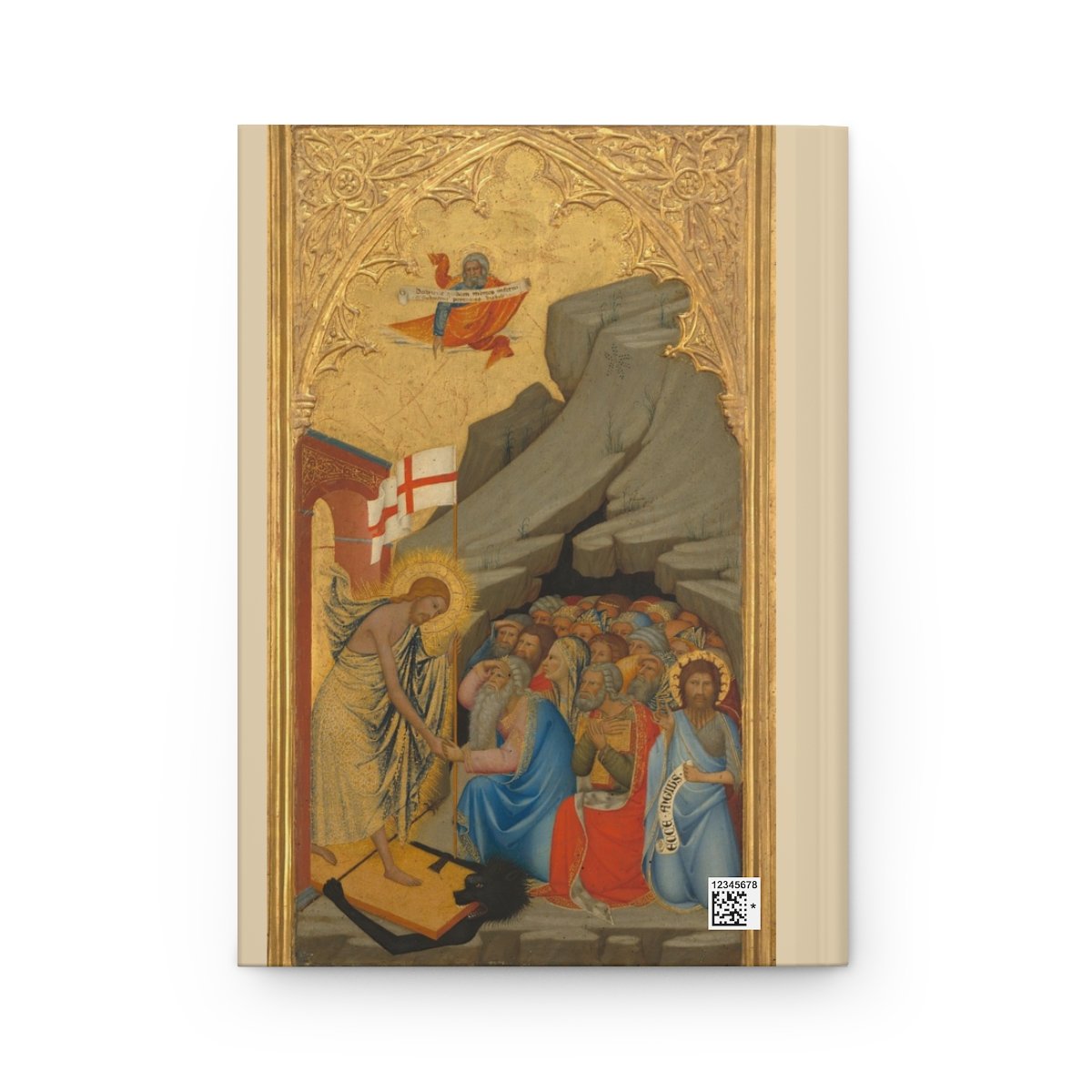 14th-century Italian gilded panel painting  on a hardcover notebook; sacred medieval art.