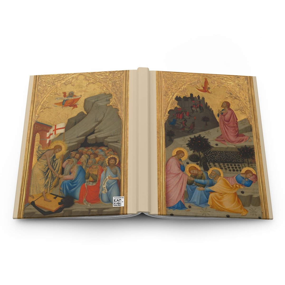 14th-century Italian gilded panel painting  on a hardcover notebook; sacred medieval art.