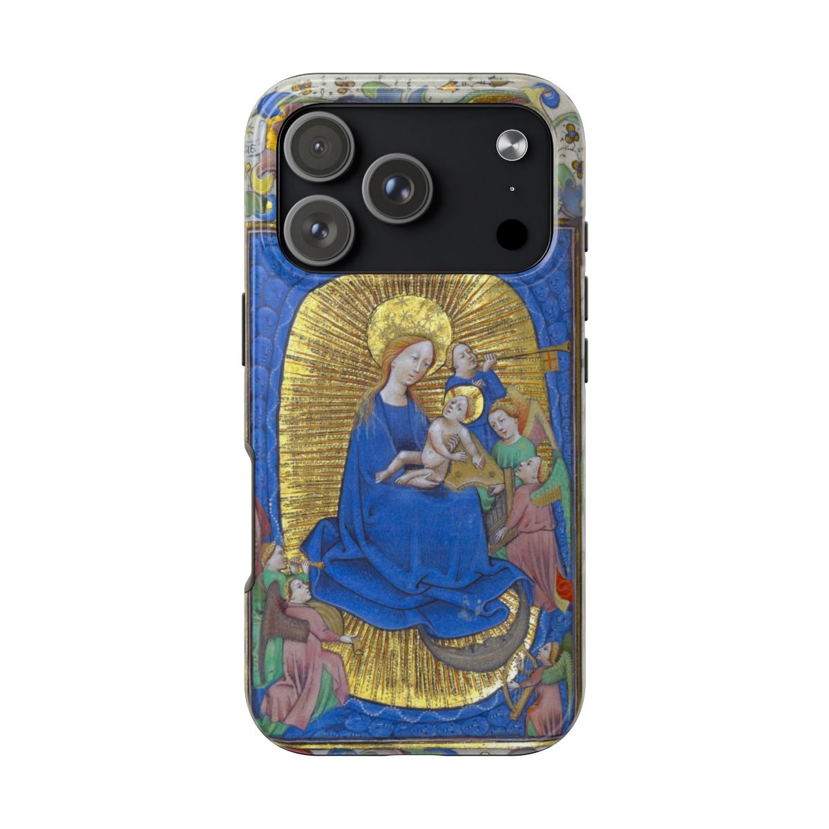 iPhone case featuring a radiant 15th-century illuminated Virgin and Child from a medieval manuscript