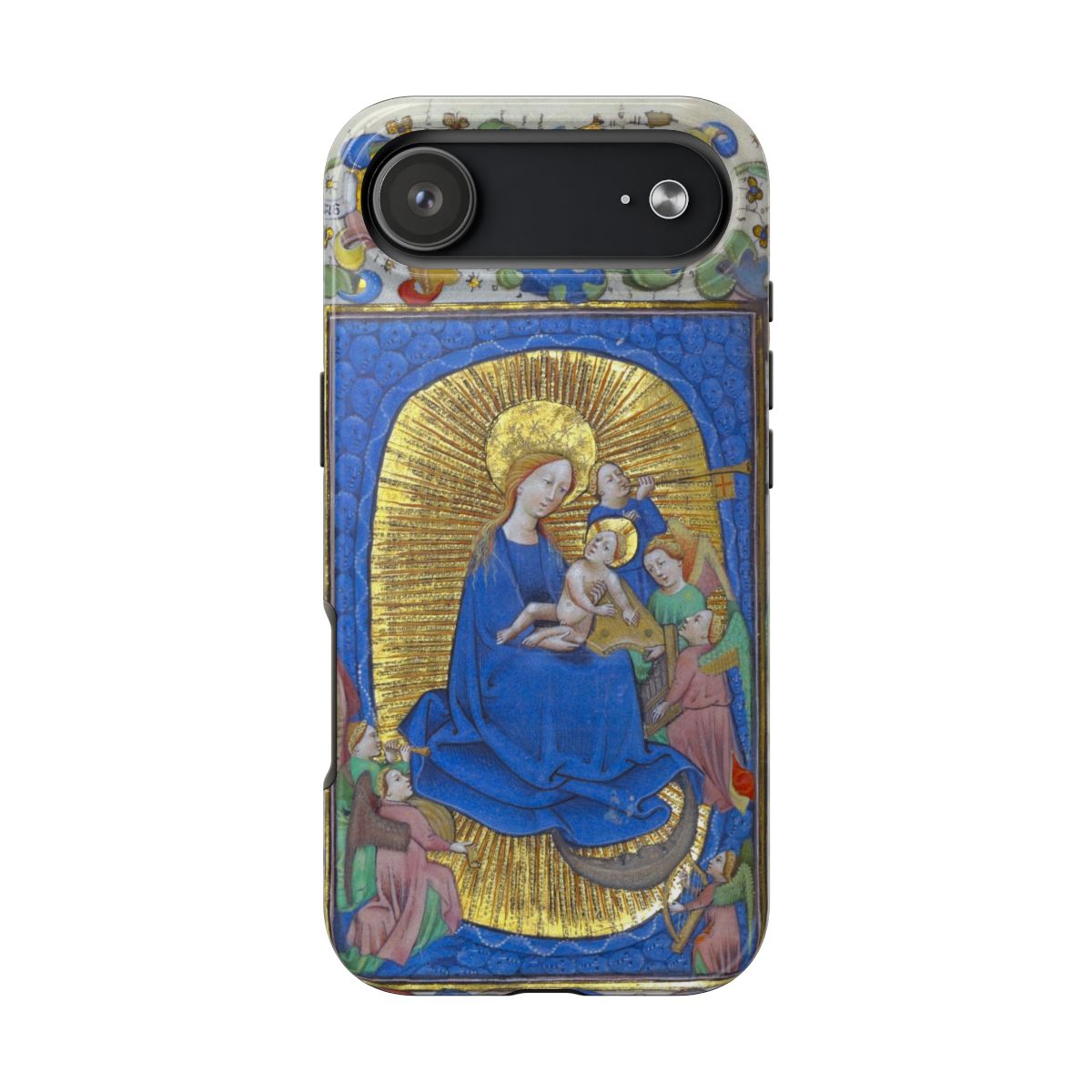 iPhone case featuring a radiant 15th-century illuminated Virgin and Child from a medieval manuscript