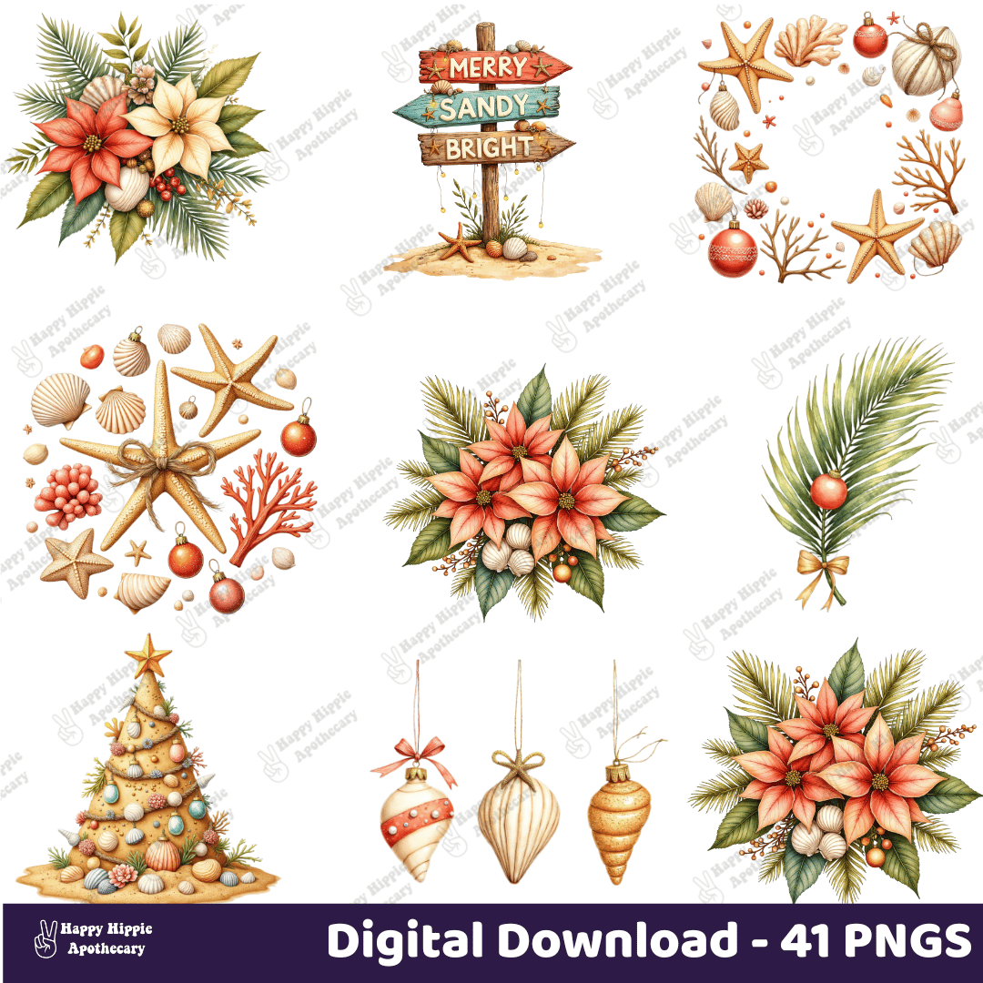 Preview of tropical Christmas clipart with starfish, seashells, poinsettia florals, beach sign, and sand tree – watercolor PNGs from Coastal Christmas bundle