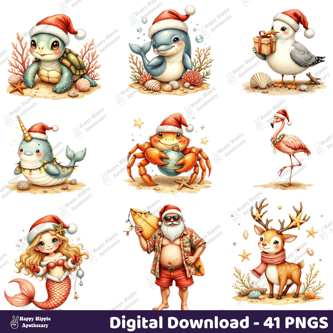 Beach Christmas PNGs featuring Santa with surfboard, penguin, tropical snowmen, wreath, gingerbread beach house, and decorated palm tree