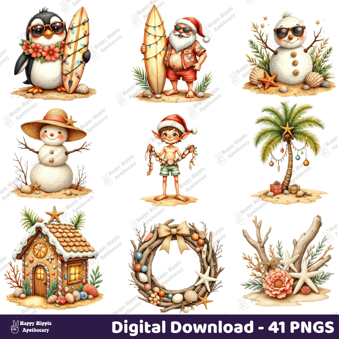 Beach Christmas PNGs featuring Santa with surfboard, penguin, tropical snowmen, wreath, gingerbread beach house, and decorated palm tree