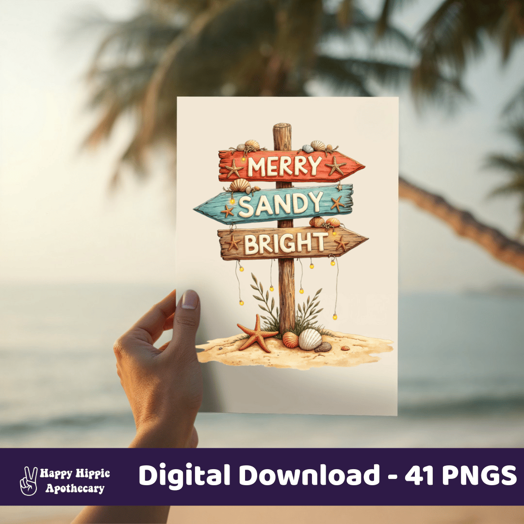 Printable PNG design featuring rustic beach sign reading 'Merry Sandy Bright' with seashells and starfish – tropical Christmas clipart for decor and cards